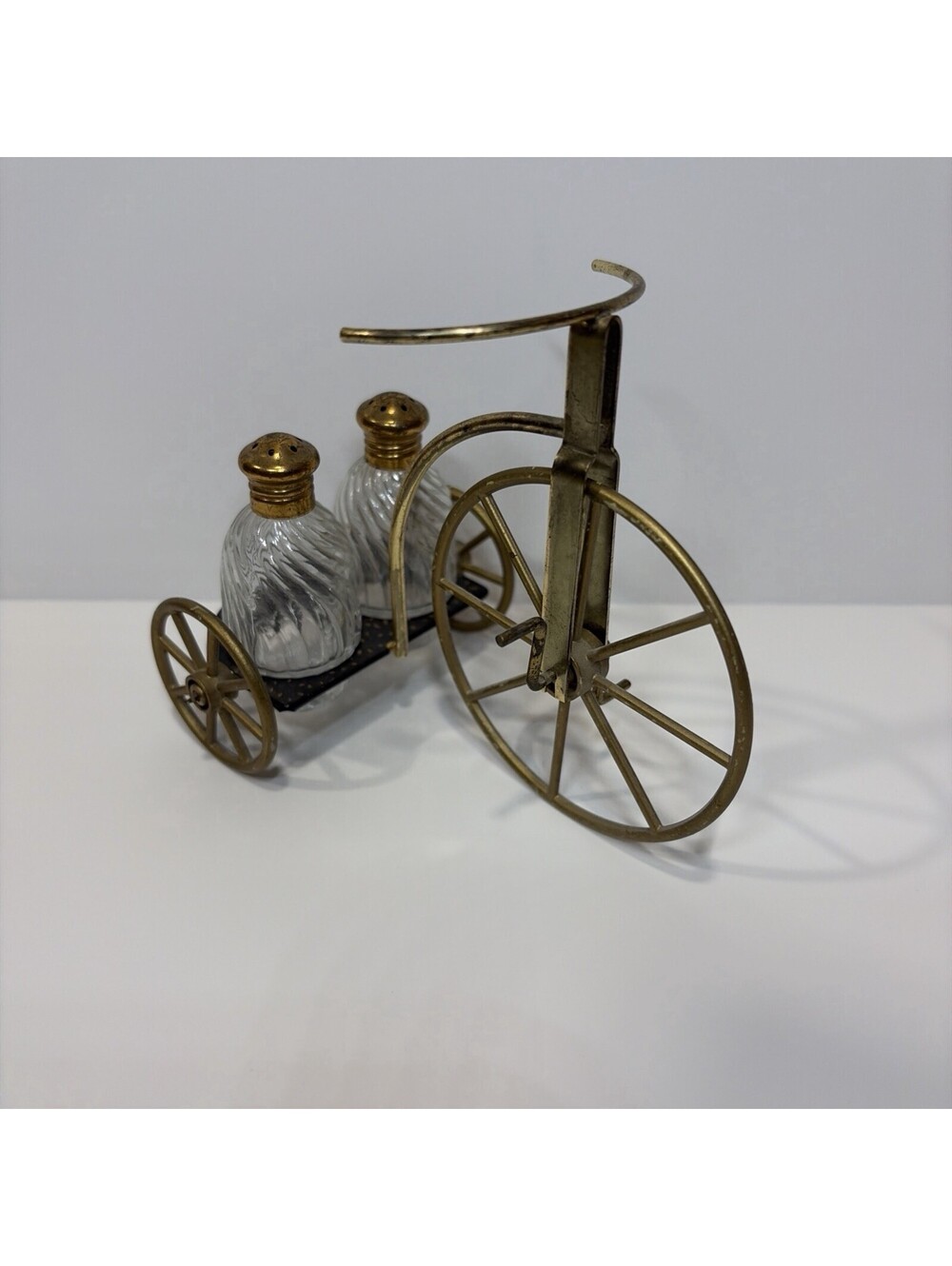 Vintage High Wheel Tricycle Holder Glass Salt & Pepper Shaker Set